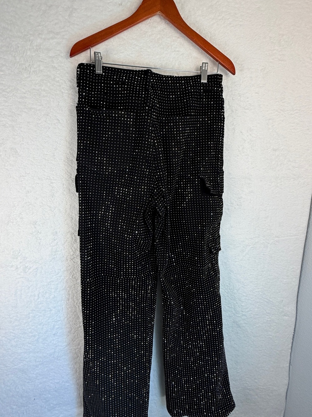 Rhinestone Cargo Pants Black Sparkly Wide Leg Y2K Glam Stretch Size 12 - Picture 4 of 11